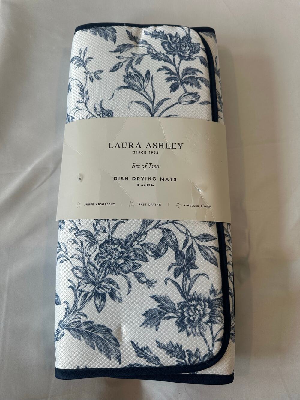 Laura Ashley Set of 2 Dish Drying Mats Amberly Quilt Navy Blue Floral 16x22 NWT